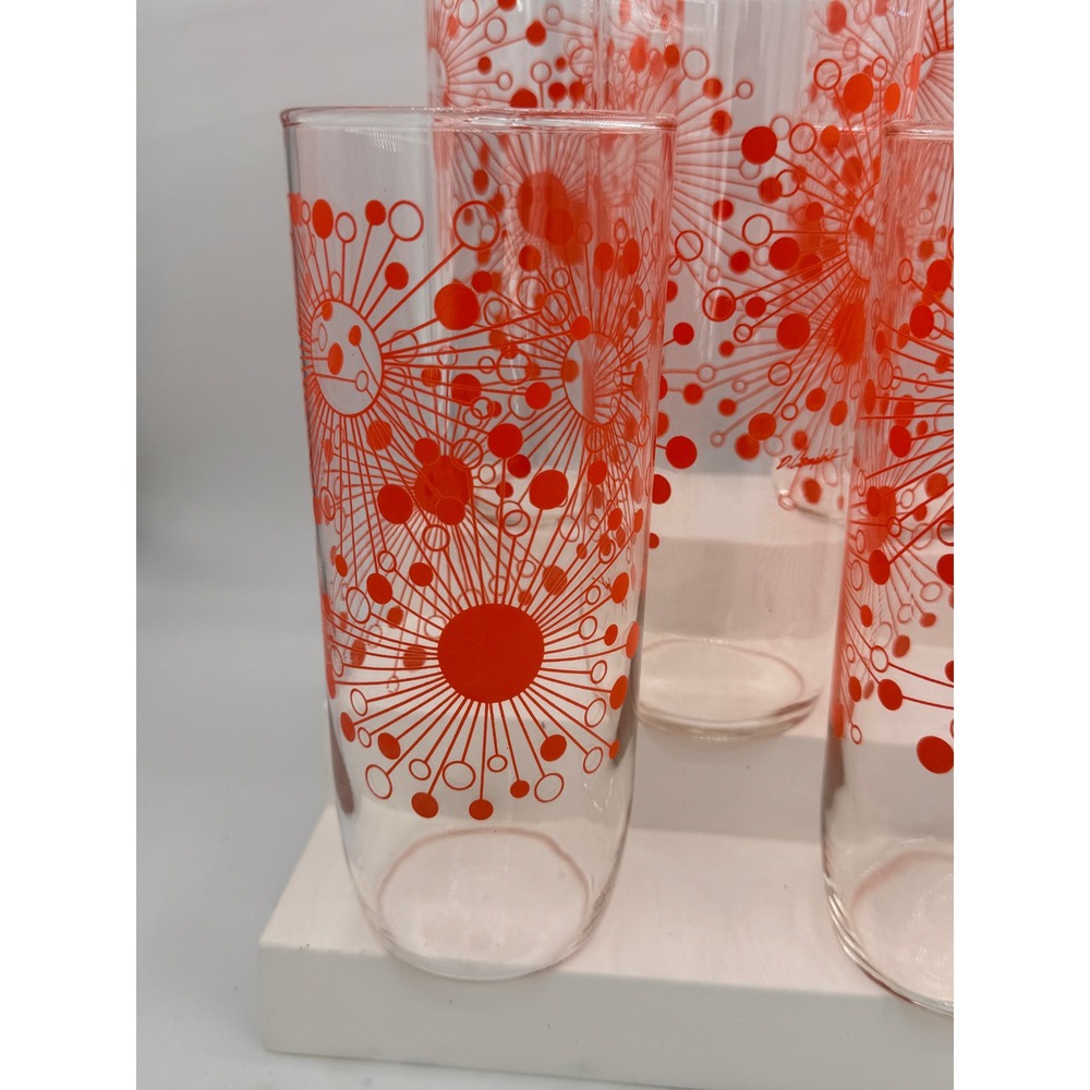 8 Vintage D Campbell Atomic Starburst Orange Glass Tumblers MCM Highball Set - Picture 4 of 8